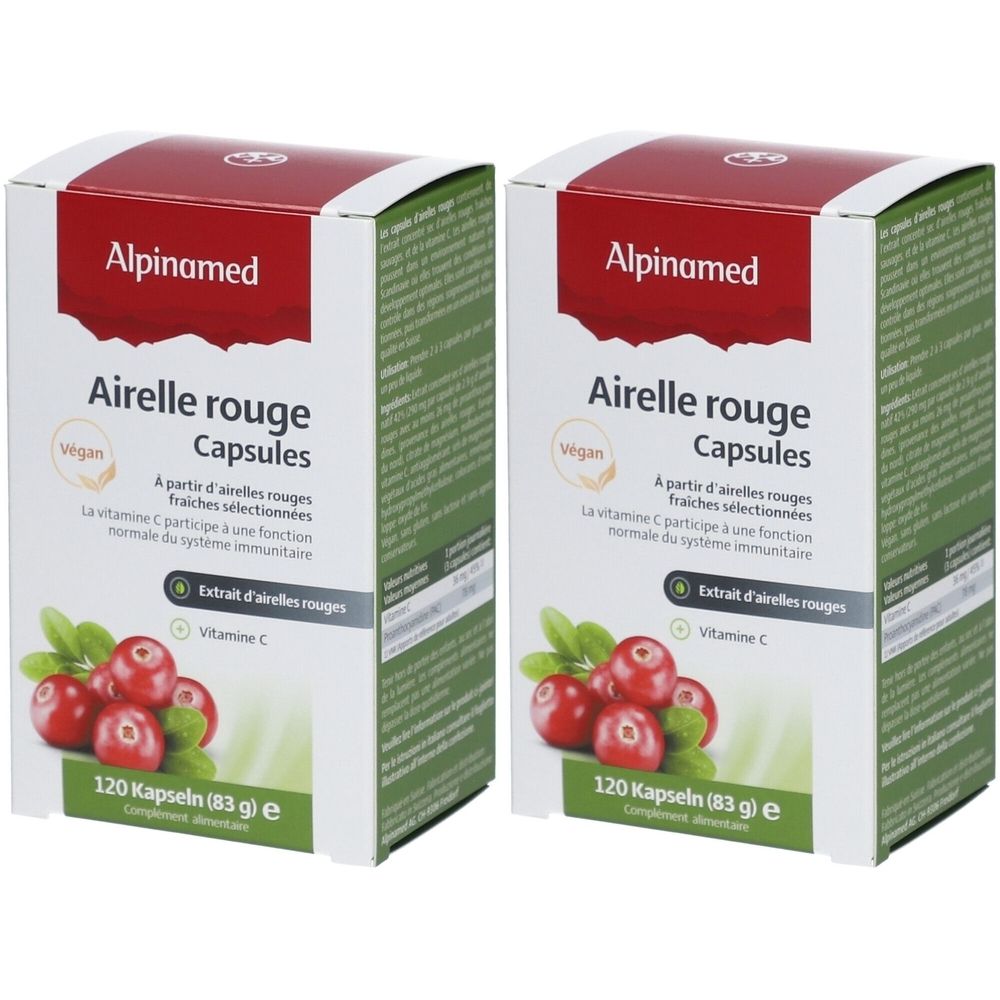 Zwei Schachteln Alpinamed Airelle rouge Capsules. Rote Deckel, weiße Seiten. Abbildung von Cranberrys. Text: 120 Kapseln, 83g.