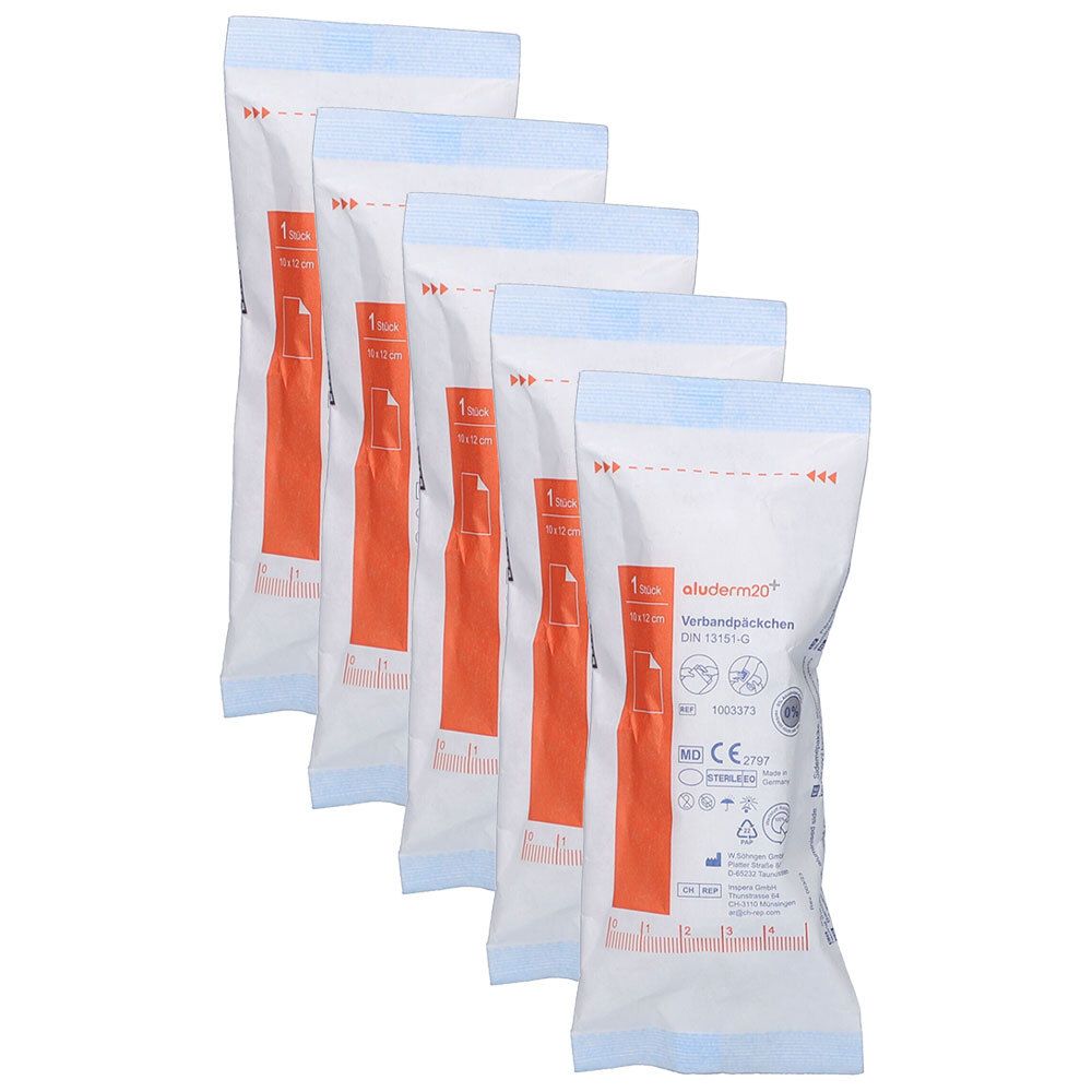 Mehrere weiße Beutel mit blauem Rand und orangefarbenem Streifen. Aufdrucke: aluderm®, Verbandpäckchen, DIN groß. CE-Kennzeichnung.