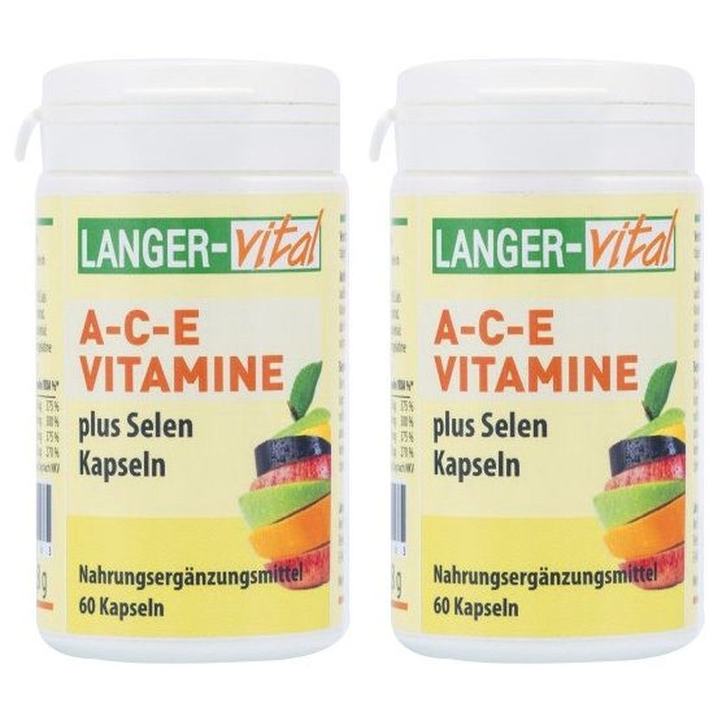 Zwei weiße Flaschen mit gelben Etiketten. Aufschrift: A-C-E VITAMINE plus Selen Kapseln. Marke: LANGER-vital. 60 Kapseln.