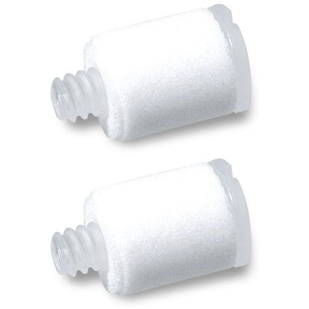 Zwei weiße Filter mit Filterschraube. Zylindrische Form mit Schraubgewinde an einem Ende und einem transparenten Kunststoffring.