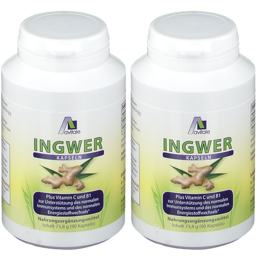 Zwei weiße Flaschen mit Etiketten. Auf den Etiketten steht "INGWER KAPSELN" und "Avitale". Abbildung von Ingwerwurzeln.