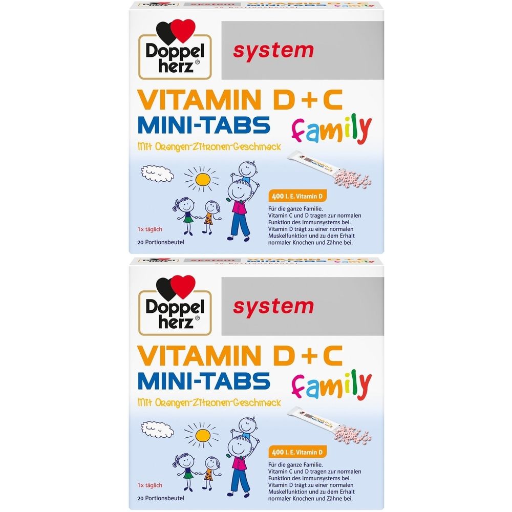 Zwei Packungen Doppelherz system Vitamin D+C MINI-TABS Family. Aufschrift mit Illustration einer Familie und Sonne. 30 Portionen.