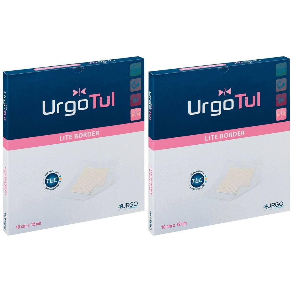 Zwei Packungen UrgoTül Lite Border. Blaue und weiße Verpackung mit Produktname und Logo. Größe: 10 x 12 cm. Mit TLC-Zertifizierung.