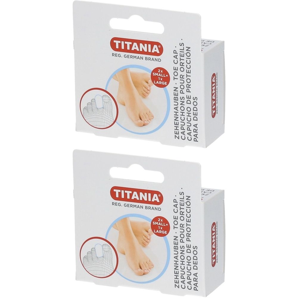 Zwei Packungen TITANIA Zehenhauben. Verpackung mit Produktabbildung und Text. Enthält 2x small, 1x large.