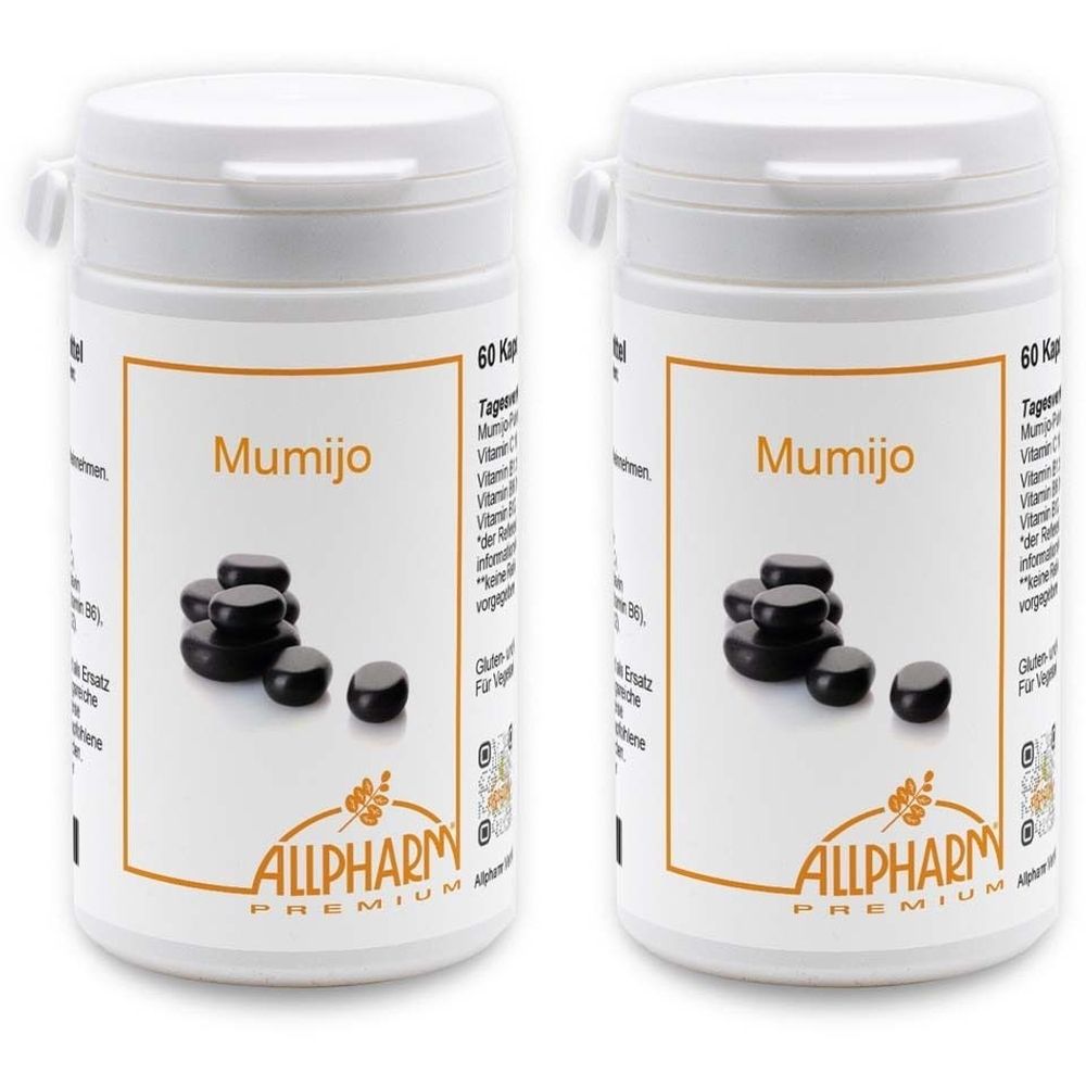 Zwei weiße Flaschen mit dem Produktnamen Mumijo. Auf dem Etikett sind schwarze Tabletten abgebildet. Das Logo von Allpharm ist sichtbar.