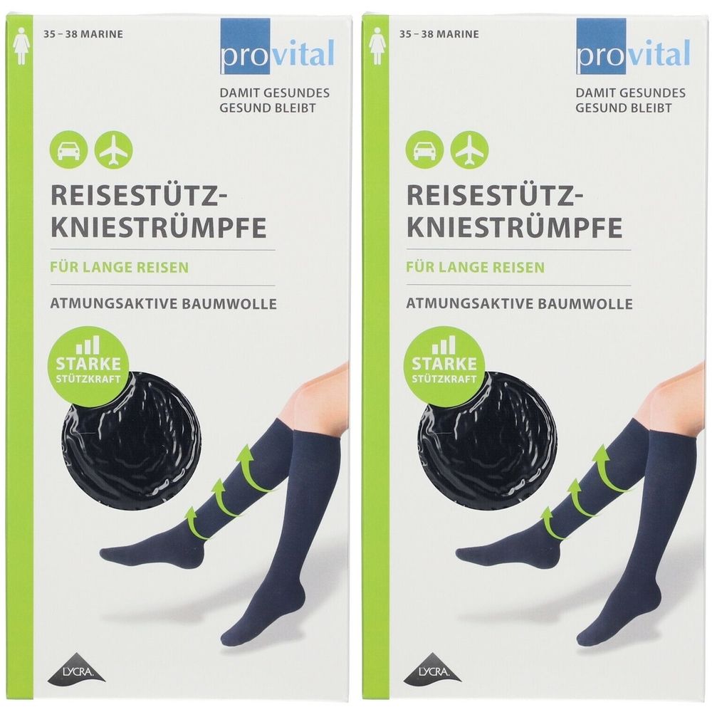 Zwei Packungen Kniestrümpfe. Marineblau, Größe 35-38. Marke provital. Text: Reisestütz-Kniestrümpfe, für lange Reisen, atmungsaktive Baumwolle.