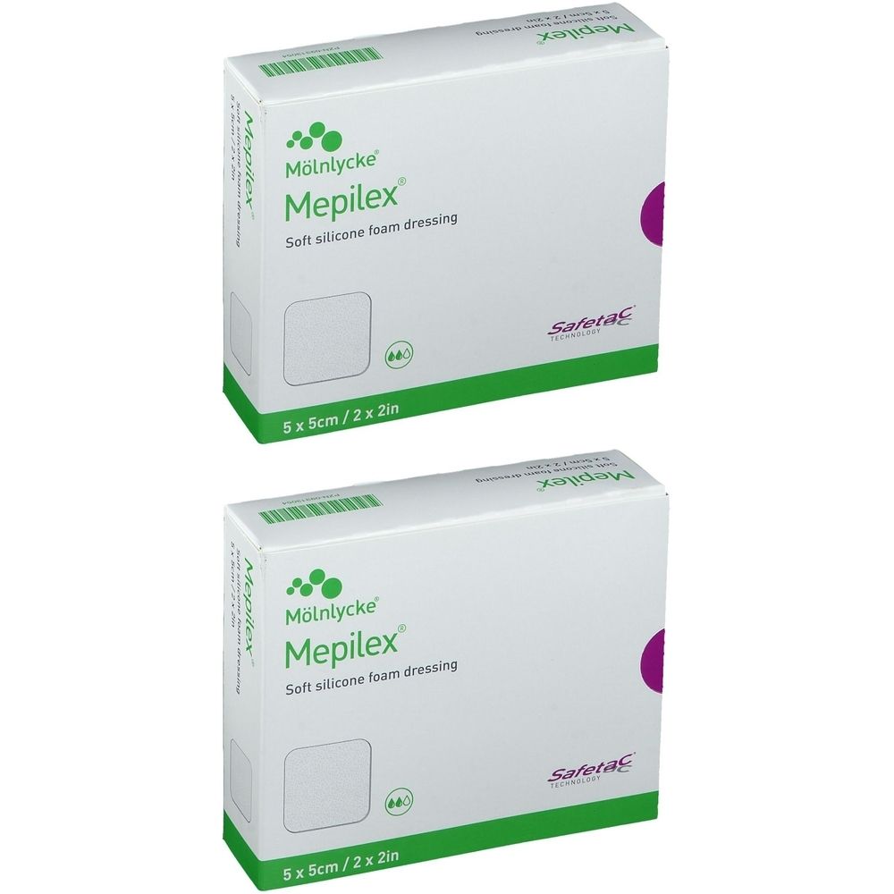Zwei Schachteln Mepilex® Schaumverband. Aufschrift: Mölnlycke, Mepilex, Soft silicone foam dressing. Größe: 5 x 5 cm / 2 x 2 Zoll. Mit Safetac-Logo.