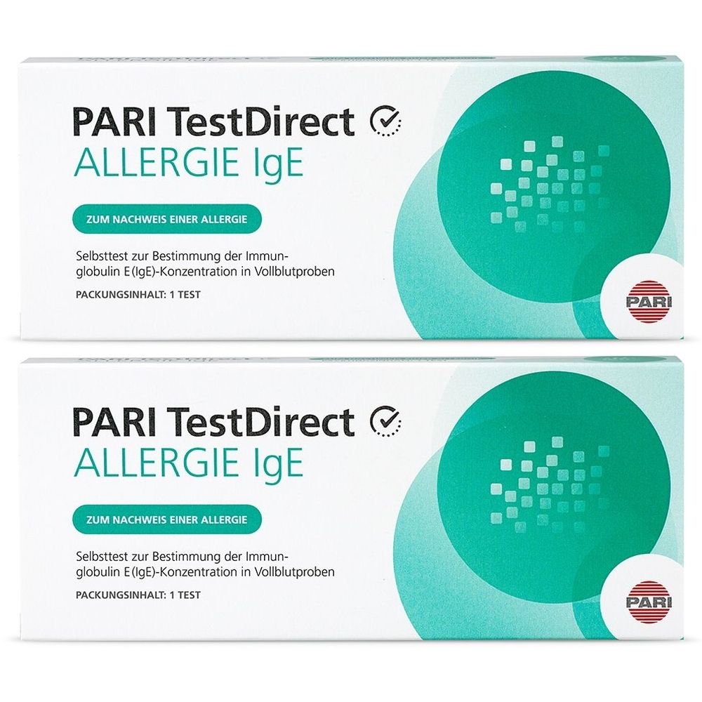 Zwei Schachteln PARI TestDirect Allergie IgE. Aufschrift: Zum Nachweis einer Allergie. Packungsinhalt: 1 Test. Logo: PARI.