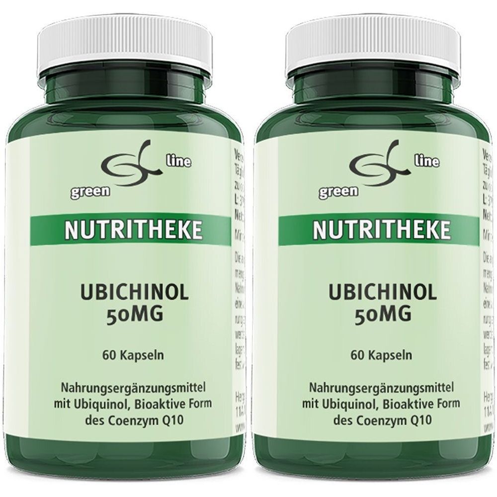 Zwei grüne Flaschen mit weißen Deckeln. Aufschrift: NUTRITHEKE UBICHINOL 50MG, 60 Kapseln. Nahrungsergänzungsmittel.