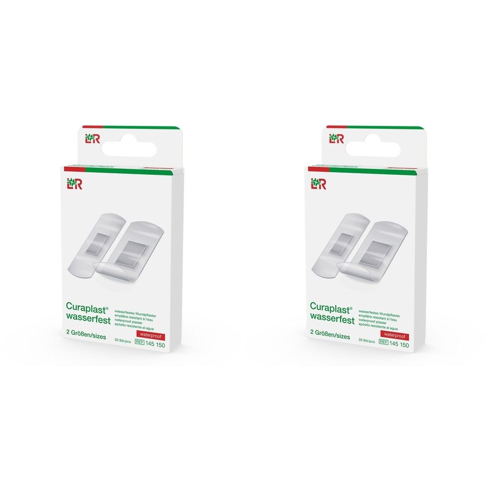 Zwei Packungen Curaplast wasserfest Pflasterstrips. Weiße Verpackung mit Produktabbildung und Schriftzug. Grün-rotes Logo.