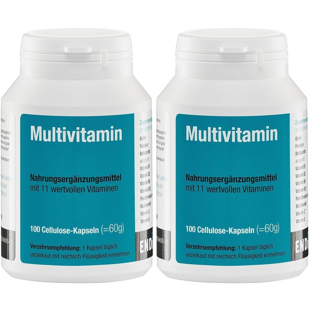 Zwei weiße Flaschen mit Schraubverschluss. Aufschrift "Multivitamin". Blaue Etiketten mit Text: Nahrungsergänzungsmittel mit 11 Vitaminen.