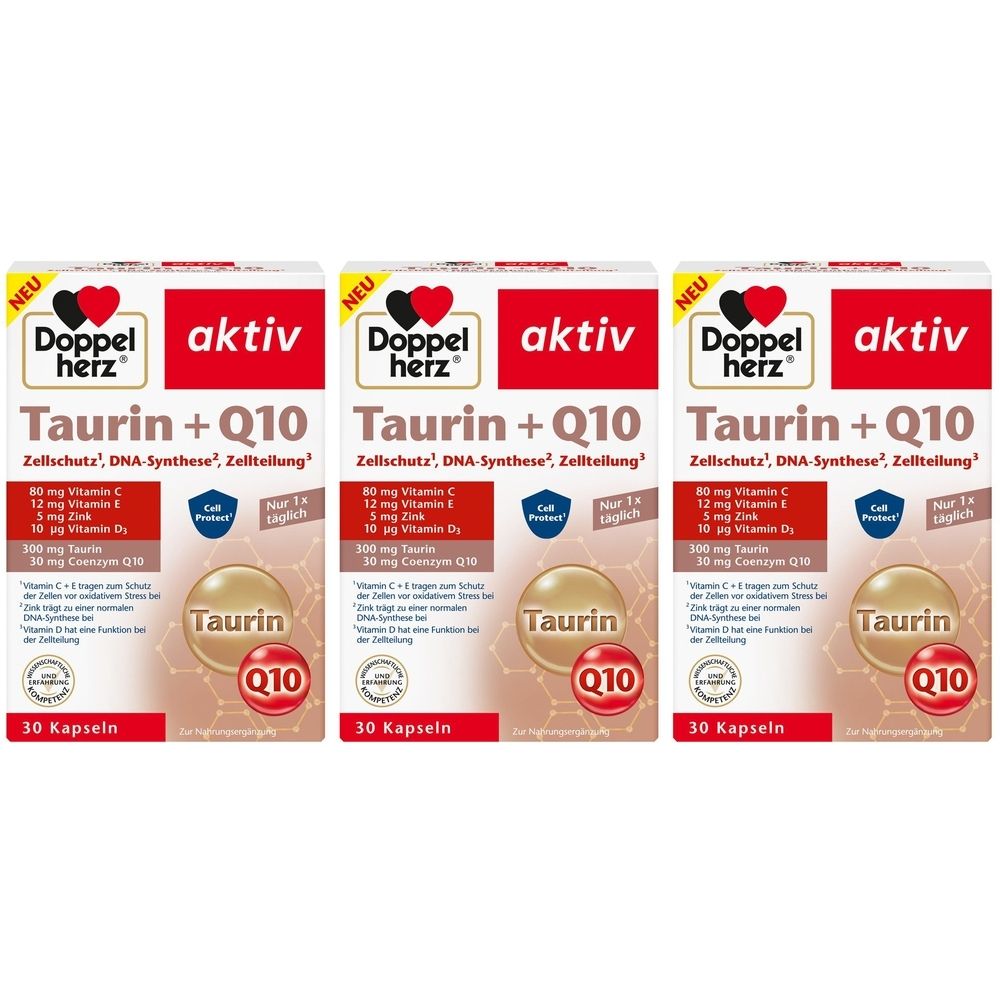 Drei Packungen Doppelherz aktiv Taurin + Q10 Kapseln. Jede Packung enthält 30 Kapseln. Aufschrift: Zellschutz, DNA-Synthese, Zellteilung.