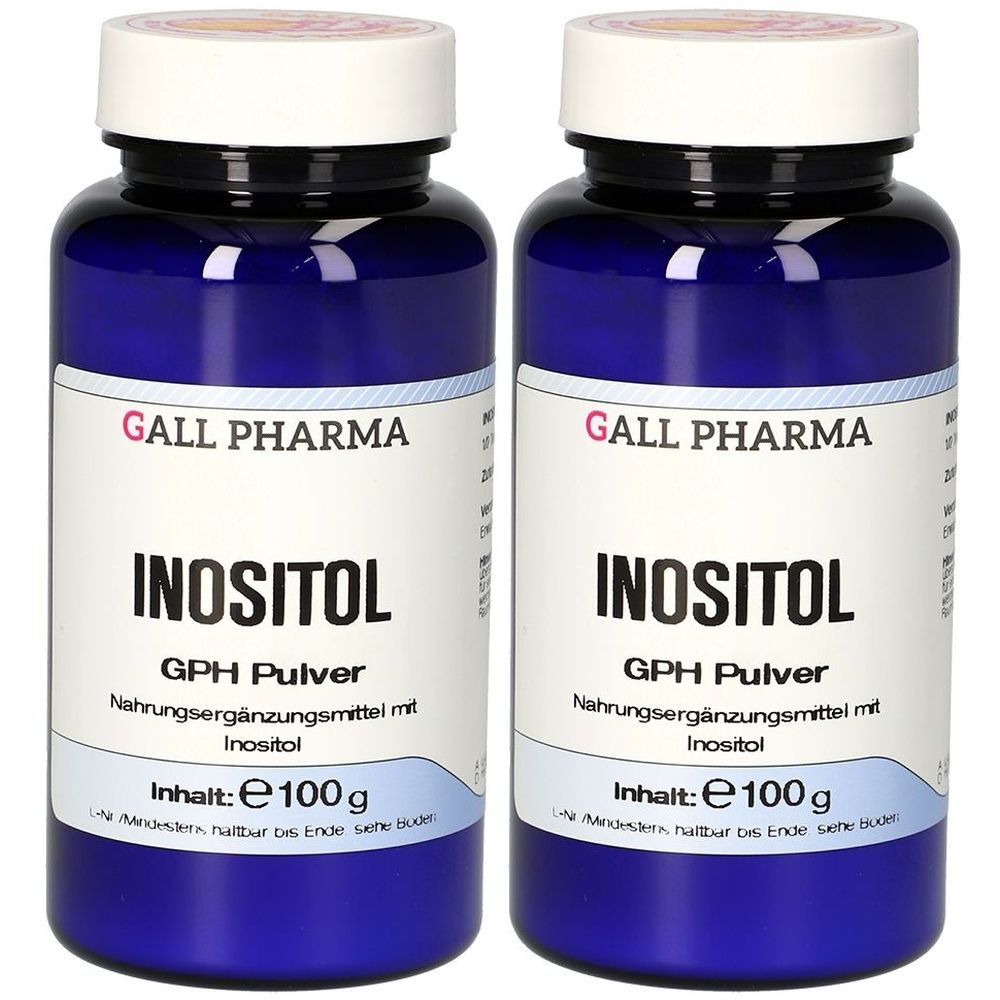 Zwei blaue Flaschen mit weißem Deckel. Aufschrift: GALL PHARMA, INOSITOL, GPH Pulver. Inhalt: e100g. Nahrungsergänzungsmittel mit Inositol.