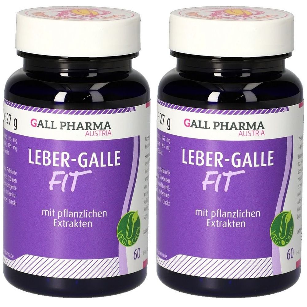 Zwei Flaschen Leber-Galle-Fit Kapseln. Violette Etiketten mit weißer Schrift. Aufschrift: Gall Pharma Austria, Leber-Galle Fit, mit pflanzlichen Extrakten.