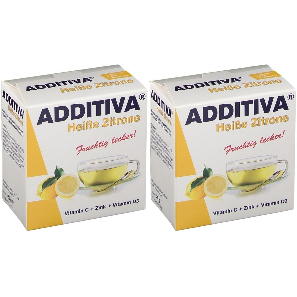 Zwei Kartons ADDITIVA Heiße Zitrone. Aufdruck: ADDITIVA, Heiße Zitrone, Fruchtig lecker!, Vitamin C + Zink + Vitamin D3. Abbildung: Zitrone und Getränk.
