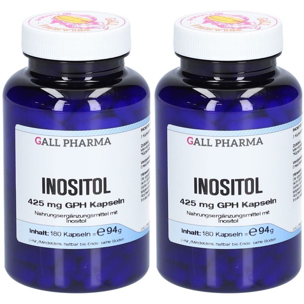 Zwei blaue Flaschen mit weißen Etiketten. Aufschrift: GALL PHARMA INOSITOL 425 mg GPH Kapseln. Inhalt: 180 Kapseln.
