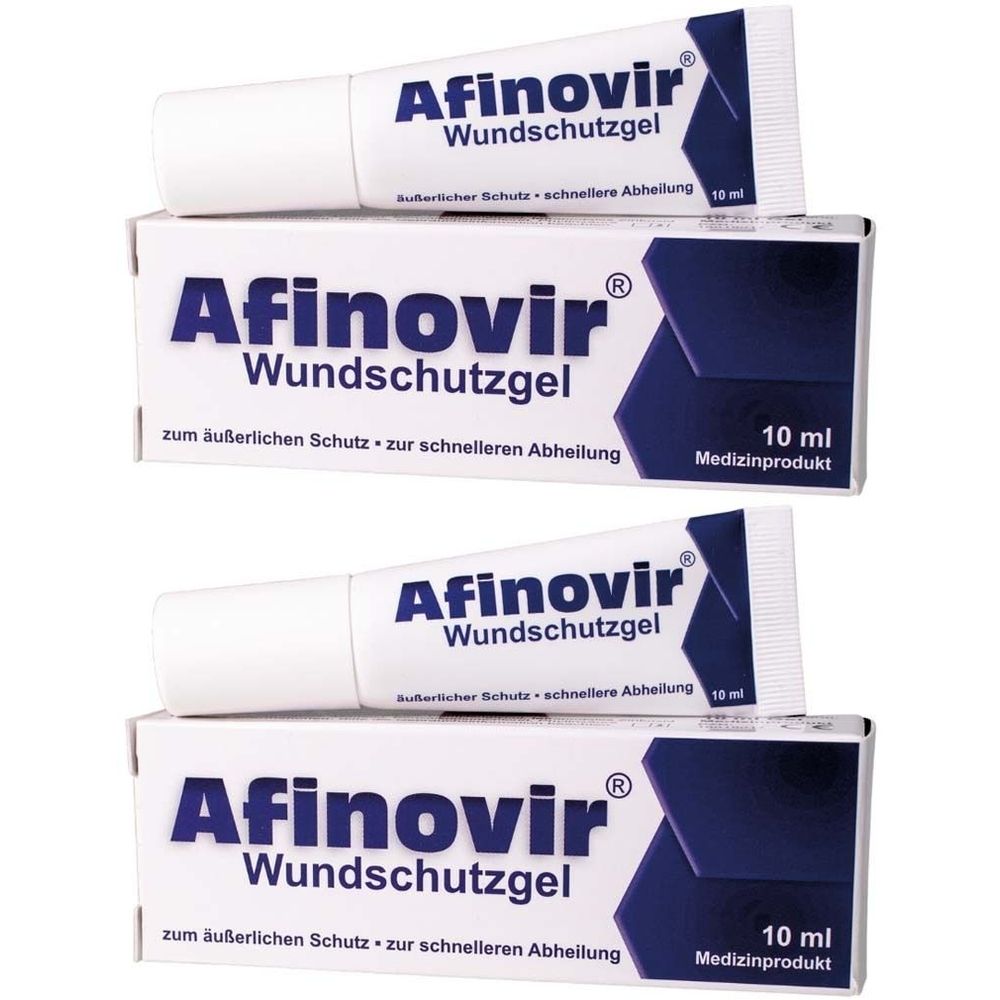 Zwei Tuben und zwei Schachteln. Auf den Tuben und Schachteln steht "Afinovir Wundschutzgel". Die Schachteln zeigen 10 ml und sind als Medizinprodukt gekennzeichnet.