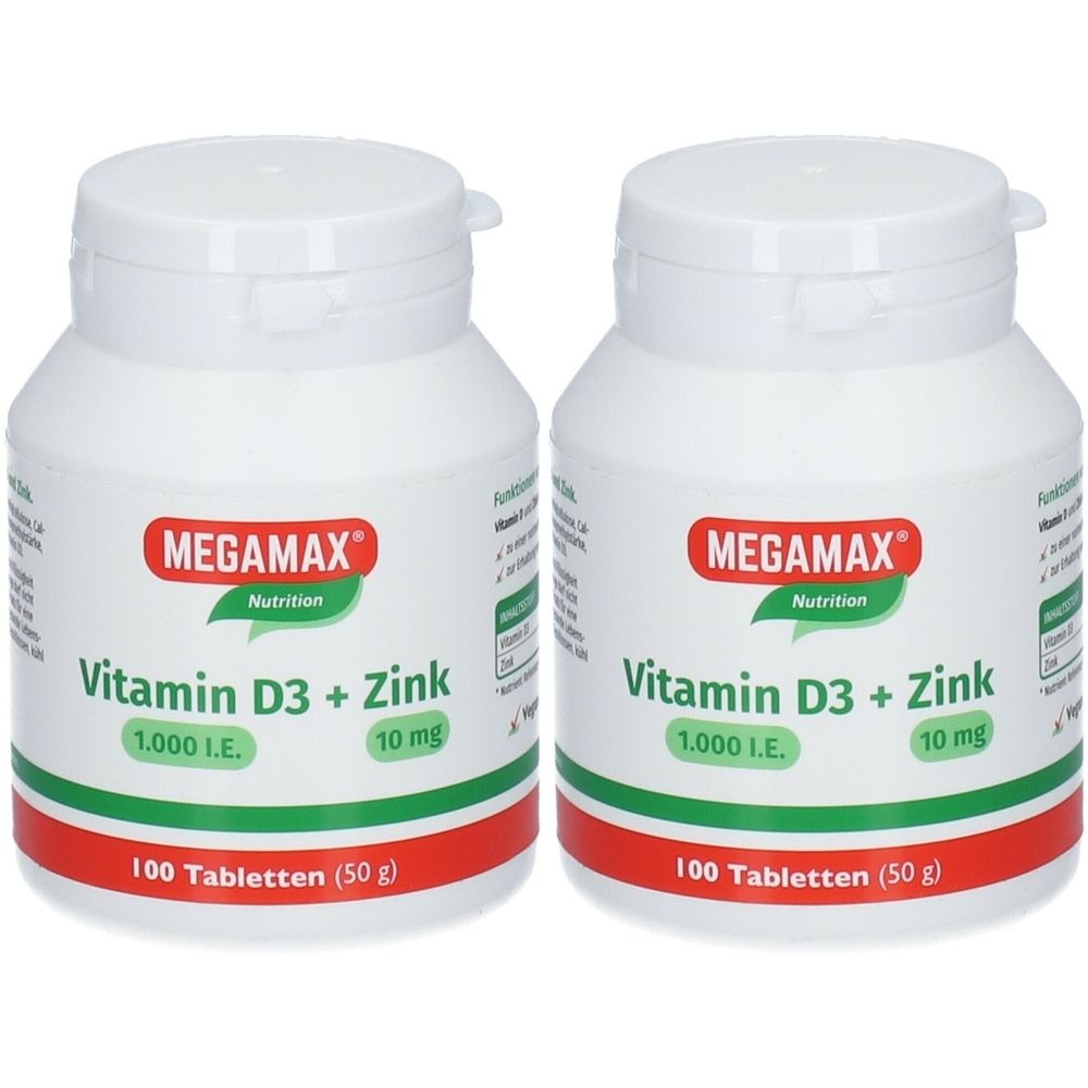 Zwei weiße Flaschen mit Schraubverschluss. Aufschrift: MEGAMAX, Vitamin D3 + Zink, 1.000 I.E., 10 mg. 100 Tabletten.