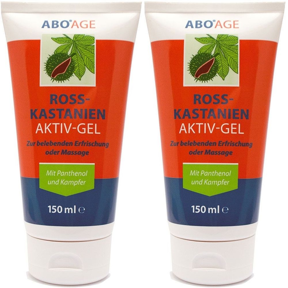 Zwei Tuben ABO AGE Rosskastanien Aktiv-Gel. Orange-weißes Design mit Produktnamen und Inhaltsstoffen. 150 ml.