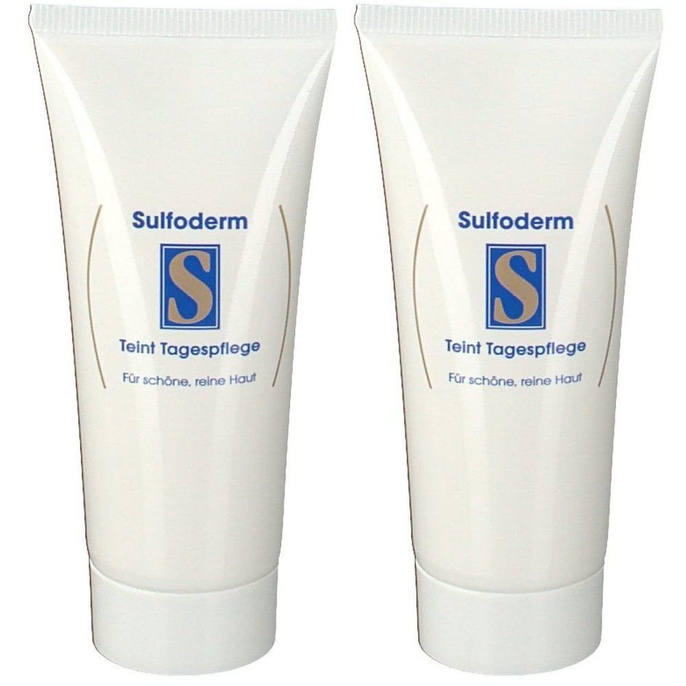 Zwei Tuben Sulfoderm Teint Tagespflege. Weiße Tuben mit blauer Schrift und Logo. Aufschrift: Für schöne, reine Haut.