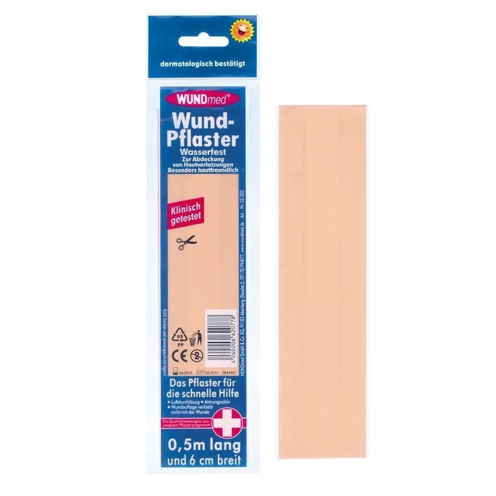 Pflaster in Verpackung. Aufschrift: WUNDmed Wund-Pflaster Wasserfest. 0,5m lang und 6 cm breit. Klinisch getestet. CE-Zeichen.