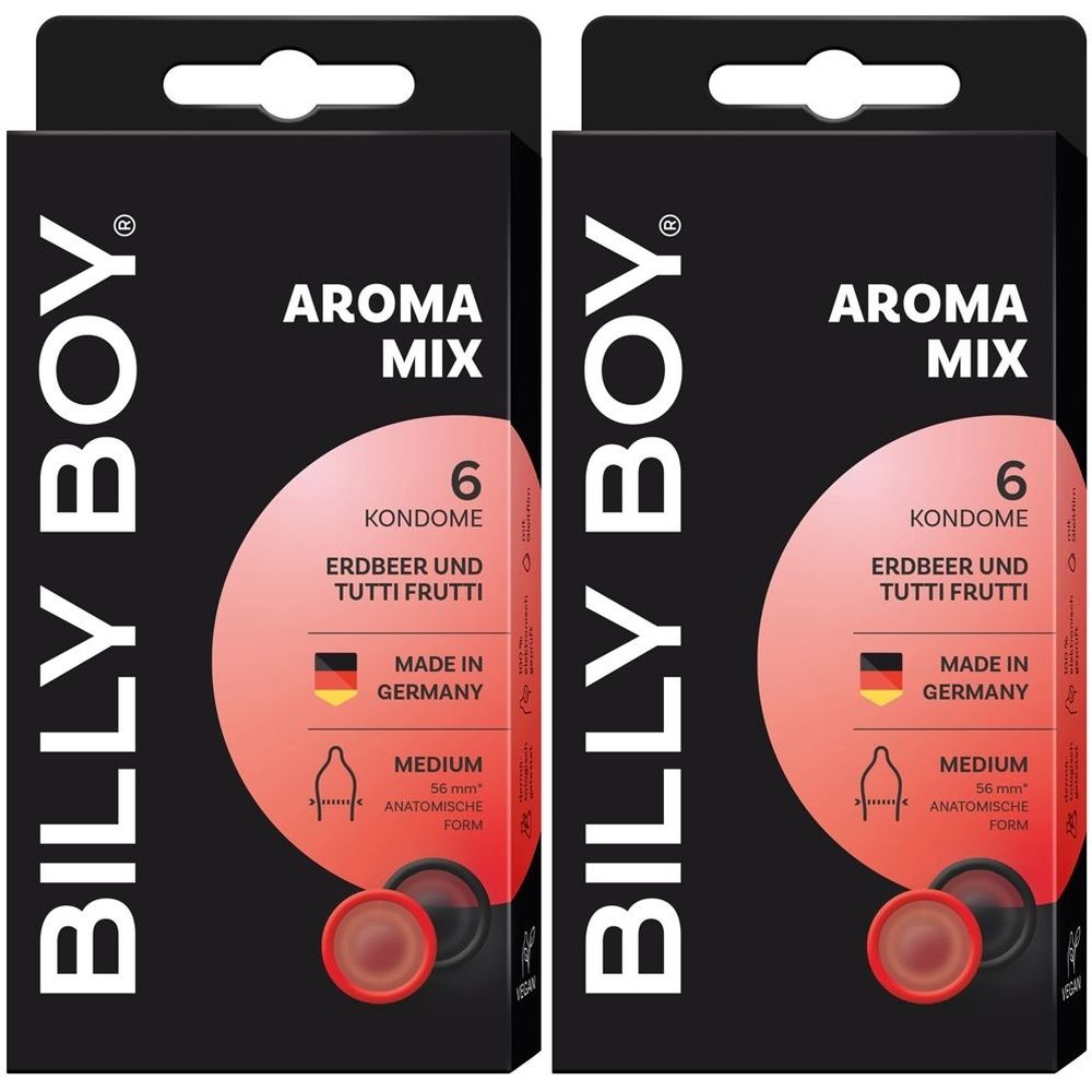 Zwei Packungen Kondome. Schwarze Verpackung mit weißem Schriftzug BILLY BOY, Aroma Mix, 6 Kondome, Erdbeer und Tutti Frutti. Hergestellt in Deutschland.