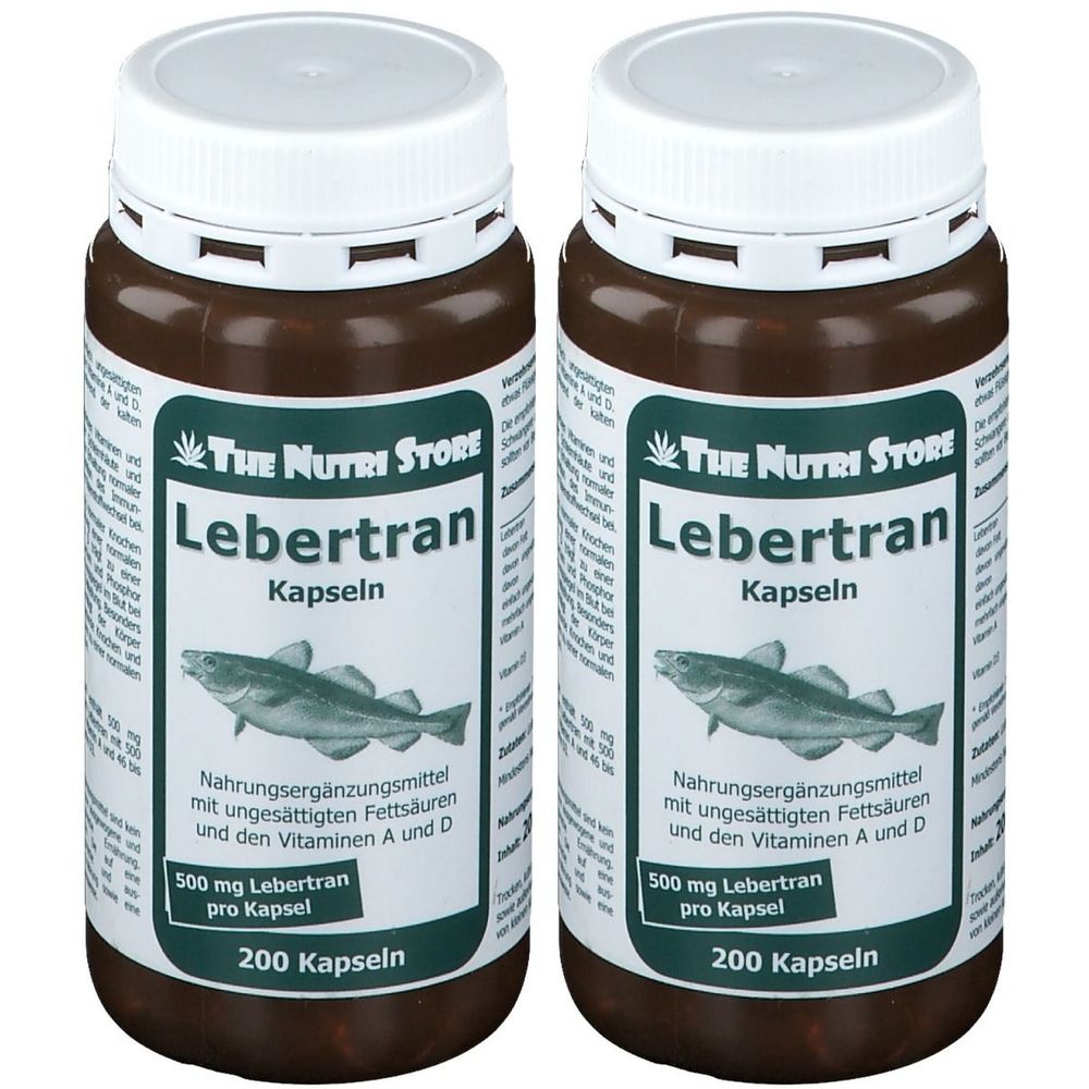 Zwei braune Flaschen mit weißen Deckeln. Aufschrift: Lebertran Kapseln, 500 mg pro Kapsel, 200 Kapseln. Marke: The Nutri Store.