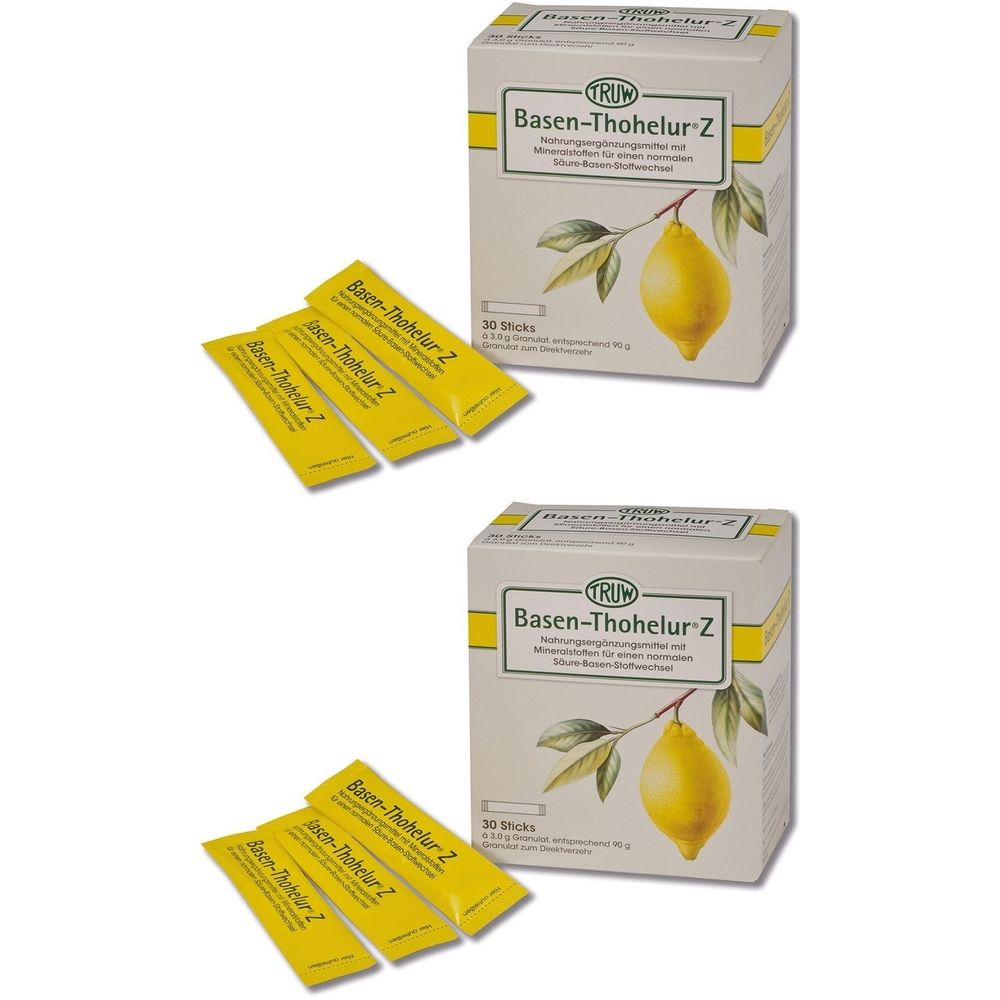 Zwei Kartons und sechs gelbe Sticks. Auf den Kartons steht "Basen-Thohelur Z" mit einer Zitrone. Auf den Sticks steht "Basen-Thohelur Z".