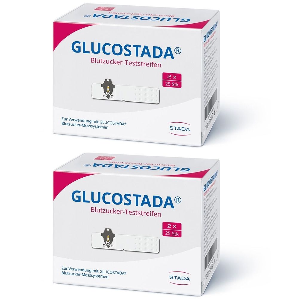 Zwei Packungen GLUCOSTADA® Blutzucker-Teststreifen. Weiße Kartons mit rosa Akzenten. Aufdruck: Produktname, 2x25 Stück, Logo und STADA.