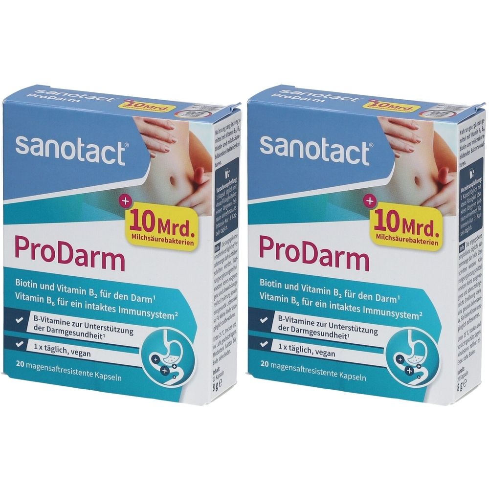 Zwei Schachteln Sanotact ProDarm. Blaue Verpackung mit Produktnamen, Logo und Informationen zu Inhaltsstoffen und Menge. 10 Mrd. Milchsäurebakterien.