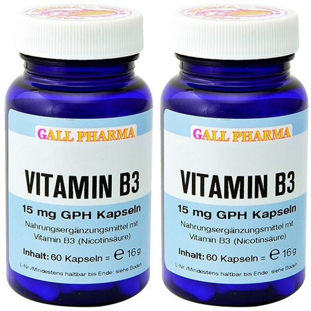Zwei blaue Pillenflaschen mit weißem Deckel. Aufschrift: GALL PHARMA Vitamin B3 15 mg GPH Kapseln. Inhalt: 60 Kapseln.