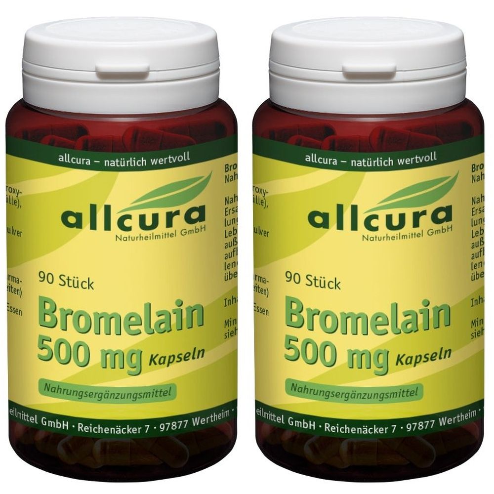 Zwei Flaschen allcura Bromelain 500 mg Kapseln. Gelbes Etikett mit grünen Akzenten. Aufschrift: 90 Stück, Nahrungsergänzungsmittel.