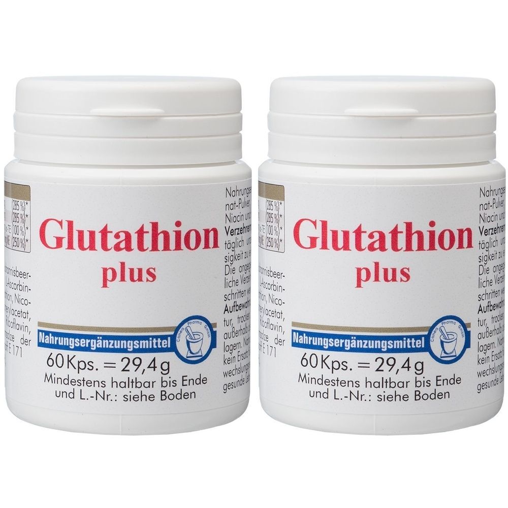Zwei weiße Dosen mit roter Aufschrift "Glutathion plus". Auf jeder Dose steht "Nahrungsergänzungsmittel" und "60 Kps. = 29,4 g".