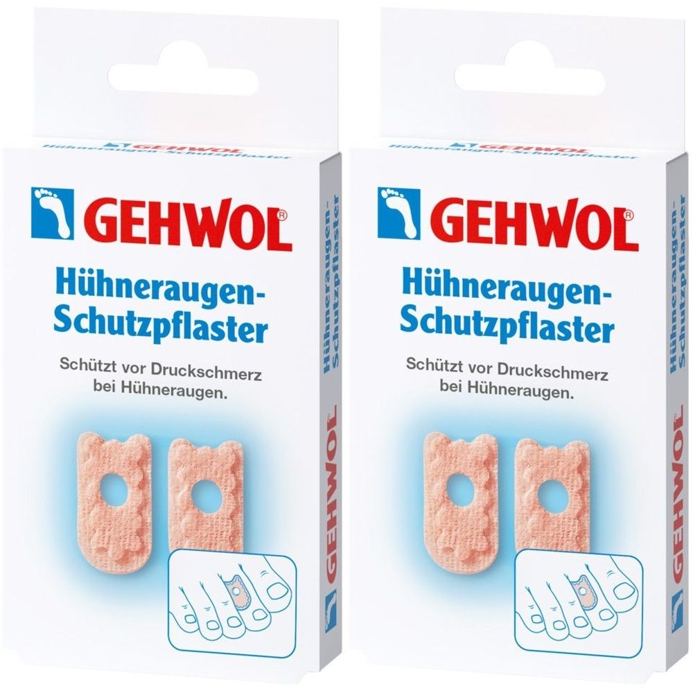 Zwei Schachteln mit GEHWOL Hühneraugen-Schutzpflaster. Auf jeder Schachtel sind zwei Pflaster und eine Fußillustration abgebildet.