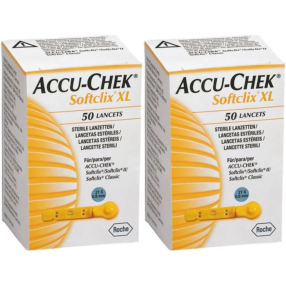 Zwei Packungen ACCU-CHEK Softclix XL. Jede Schachtel enthält 50 Lanzetten. Aufdrucke: Sterile Lanzetten, Roche Logo.