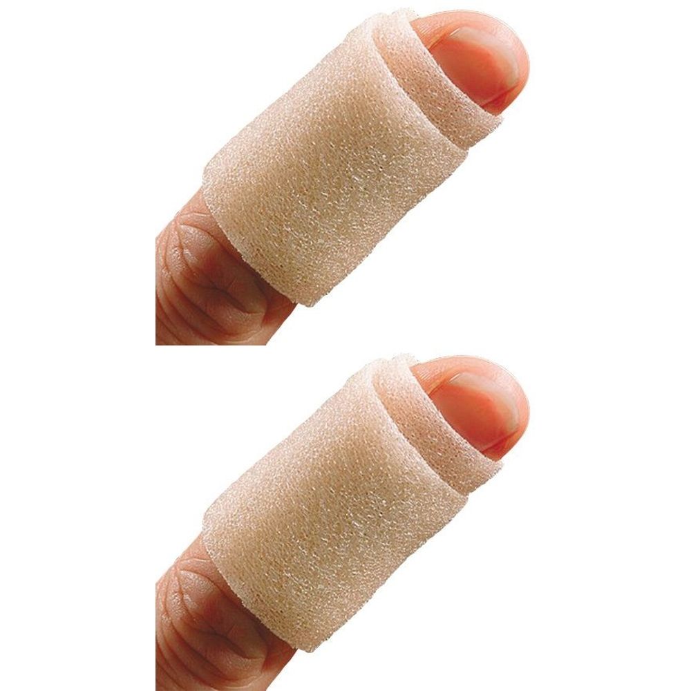 Zwei Finger mit beigefarbenen, schaumstoffartigen Verbänden. Die Verbände bedecken die Fingerglieder.