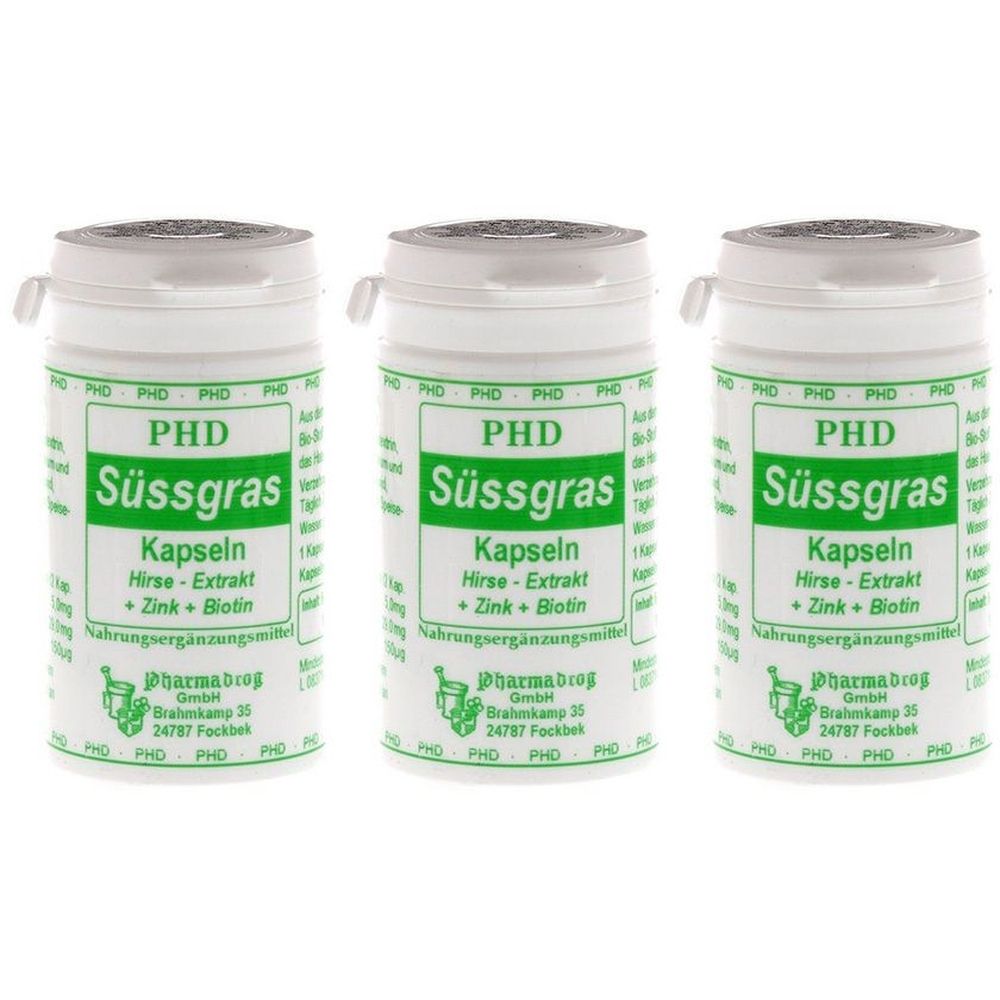 Drei weiße Pillendosen mit silbernen Deckeln. Aufschrift: PHD Süssgras Kapseln, Hirse-Extrakt, Zink + Biotin. Grün-weiße Etiketten.
