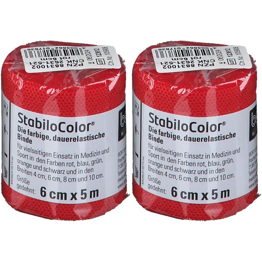 Zwei rote Binden, StabiloColor, 6 cm x 5 m. Aufschrift: Die farbige, dauerelastische Binde. Für Medizin und Sport.