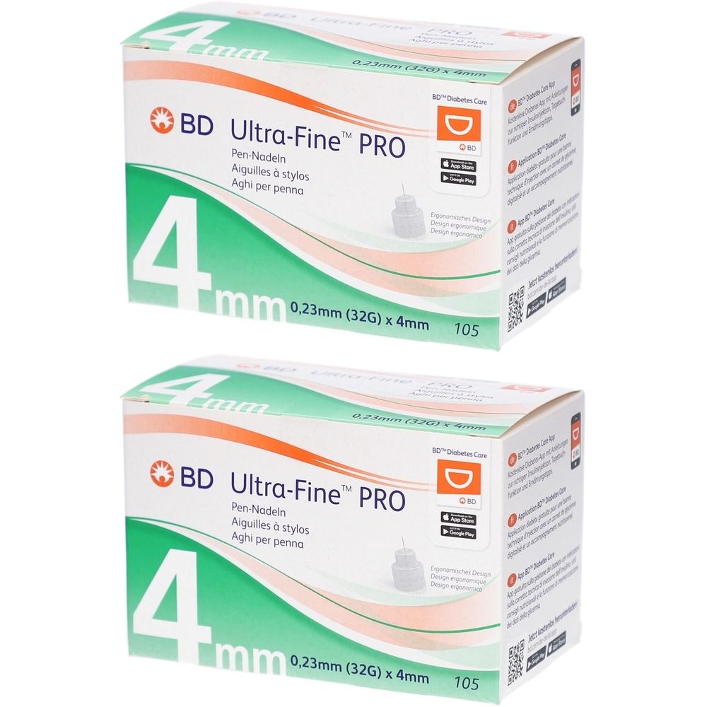 Zwei Schachteln mit BD Ultra-Fine PRO Pen-Nadeln. Aufdruck: 4 mm, 0,23 mm (32G) x 4 mm, 105 Stück.