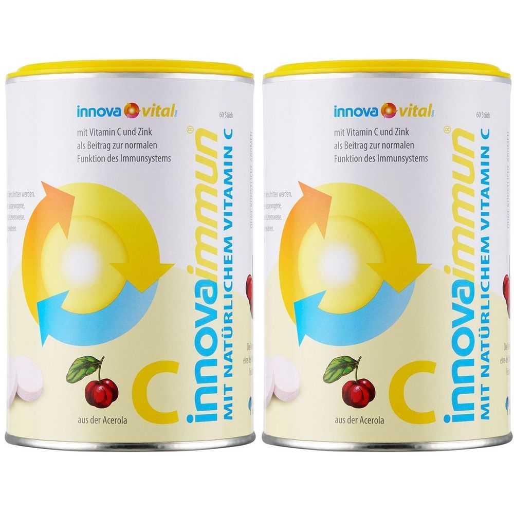 Zwei Dosen Innova Immun C. Aufschrift: Mit natürlichem Vitamin C. Abbildung: gelber Kreis mit Pfeilen, Kirsche, Tabletten.