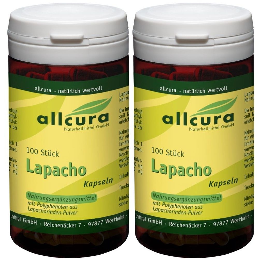 Zwei braune Pillendosen mit weißem Deckel. Aufschrift: allcura, Lapacho Kapseln, 100 Stück. Nahrungsergänzungsmittel.