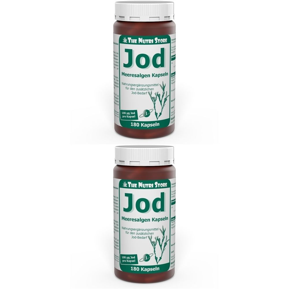 Zwei braune Flaschen mit weißen Deckeln. Aufschrift: Jod Meeresalgen Kapseln. 180 Kapseln. Marke: The Nutri Store.