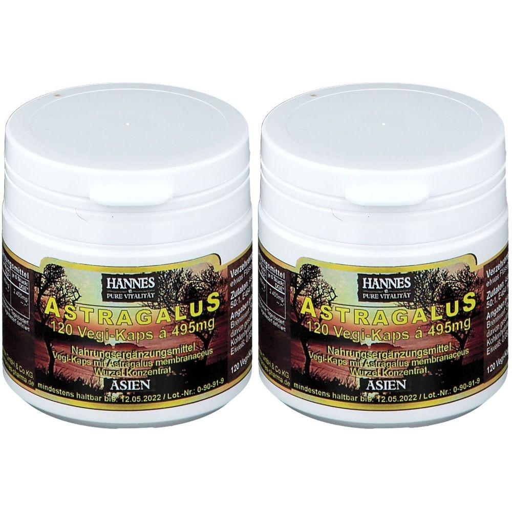 Zwei weiße Dosen mit Deckel. Aufschrift: HANNES ASTRAGALUS, 120 Vegi-Kapseln. Braunes Etikett mit Produktinformationen und Logo.