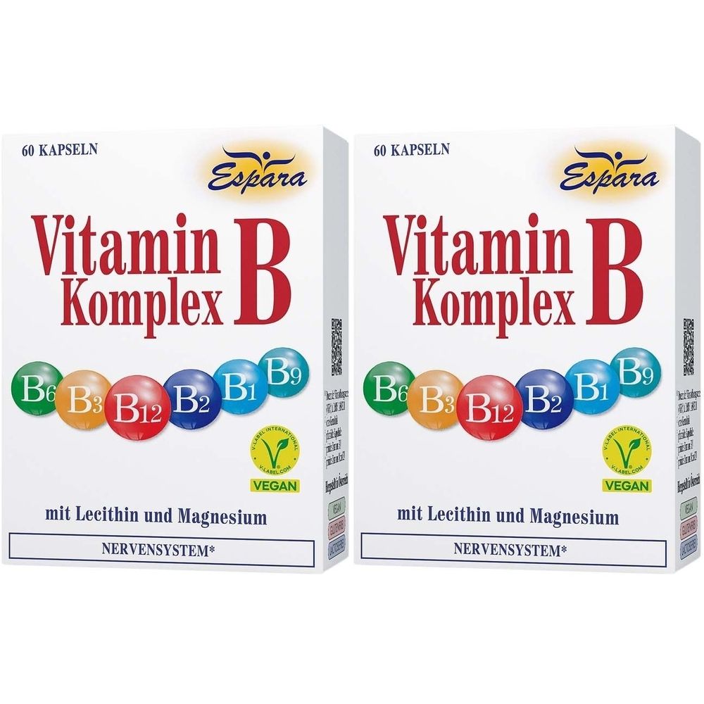 Zwei weiße Kartons mit "Vitamin B Komplex"-Aufdruck. Enthält B-Vitamine und das Vegan-Siegel. "Espara"-Logo.