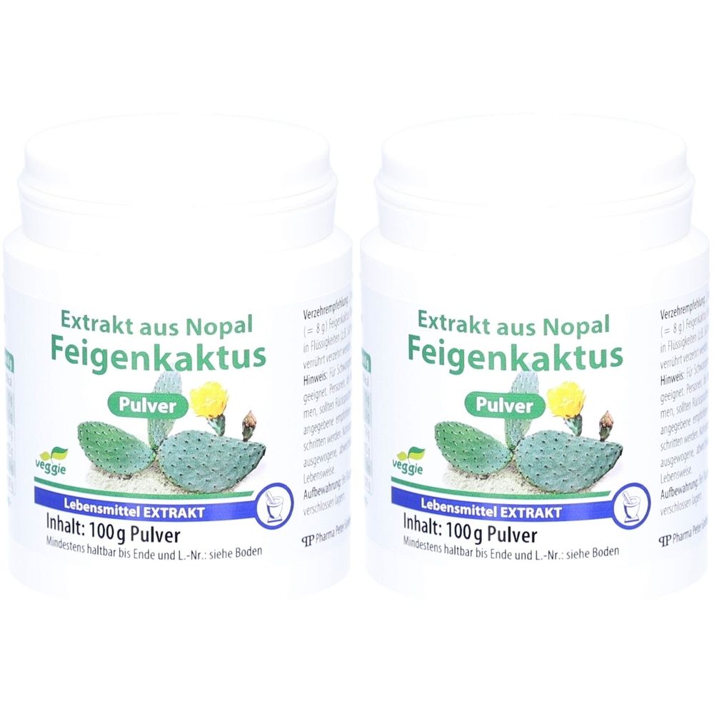 Zwei weiße Dosen mit Aufschrift 'Extrakt aus Nopal Feigenkaktus Pulver'. Jede Dose enthält 100g Pulver.