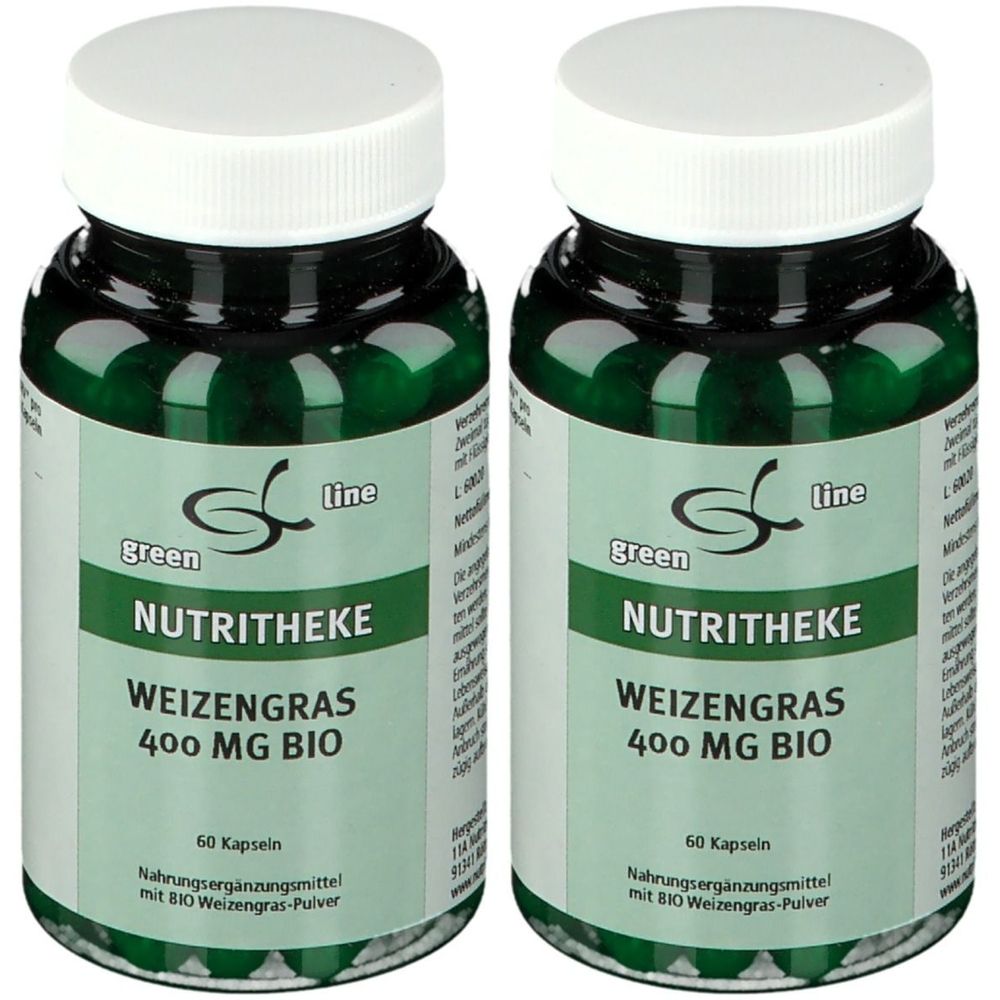 Zwei grüne Glasflaschen mit weißen Deckeln. Auf den Etiketten steht: green line NUTRITHEKE WEIZENGRAS 400 MG BIO. 60 Kapseln.