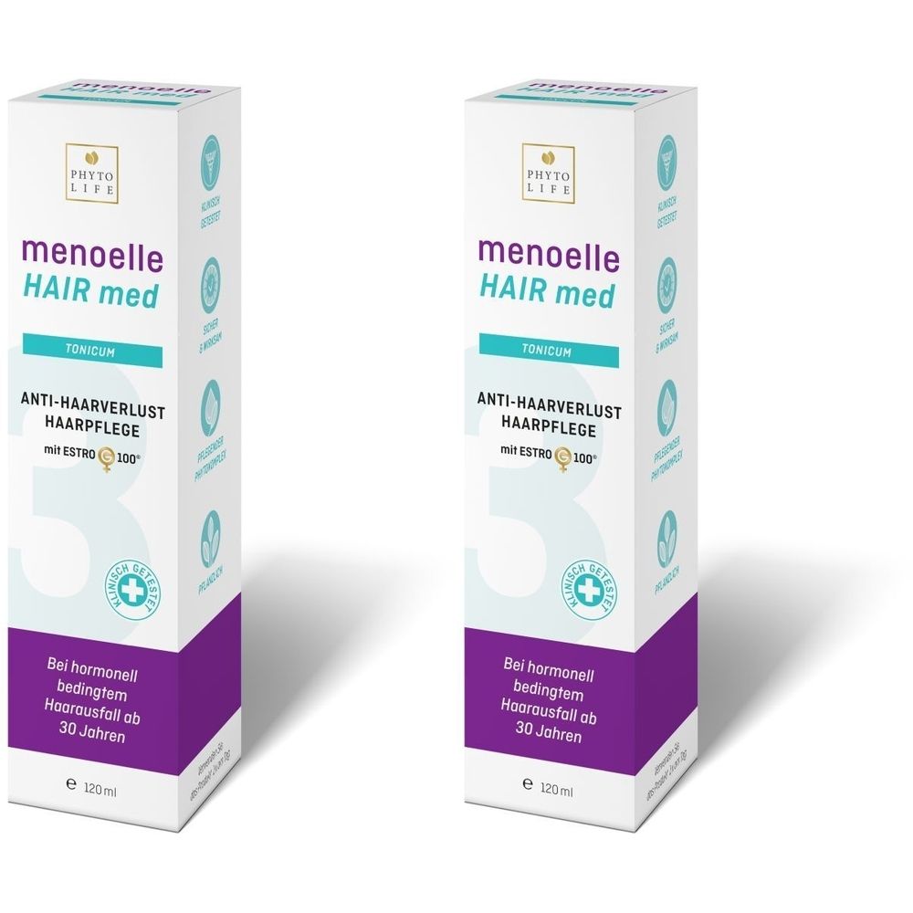 Zwei weiße Kartons mit Produktnamen und Logo. Aufschrift: menoelle HAIR med Tonicum. Anti-Haarverlust Haarpflege. Mit Logo und Text.