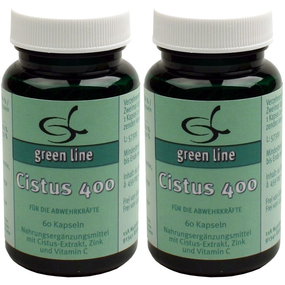 Zwei grüne Flaschen mit weißem Deckel. Aufschrift: green line Cistus 400, 60 Kapseln. Nahrungsergänzungsmittel mit Cistus-Extrakt, Zink und Vitamin C.