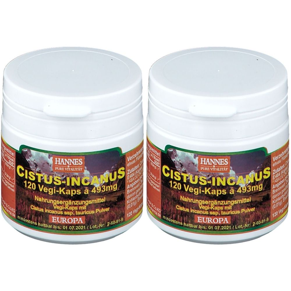Zwei weiße Dosen mit Deckel. Auf den Etiketten steht "HANNES Cistus Incanus 120 Vegi-Kaps".
