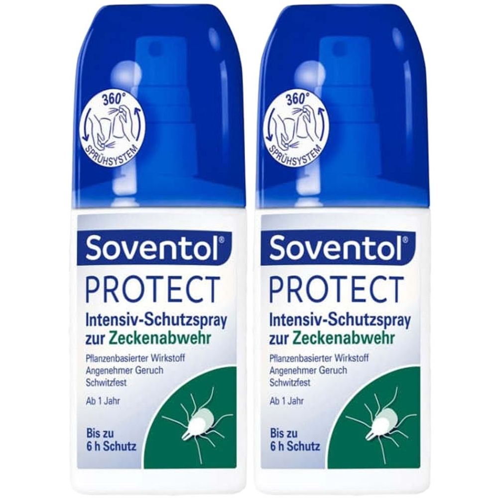 Zwei Sprühflaschen mit blauem Deckel. Aufschrift: Soventol Protect, Intensiv-Schutzspray zur Zeckenabwehr. Mit 360° Sprühsystem.